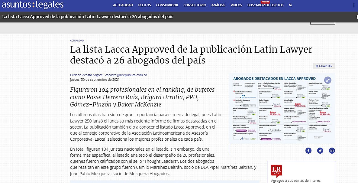 La lista Lacca Approved de la publicacin Latin Lawyer destac a 26 abogados del pas
